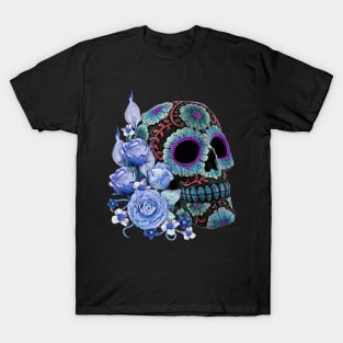 Blue Floral Black Sugar Skull Day Of The Dead T-Shirt